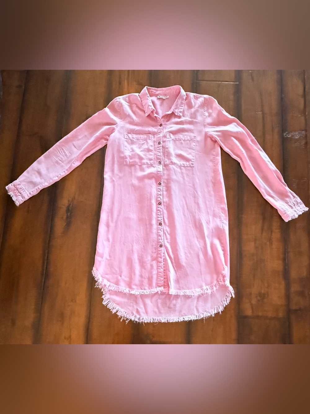Veveret Pink Fringe Hem Shirt Dress - Women Midi